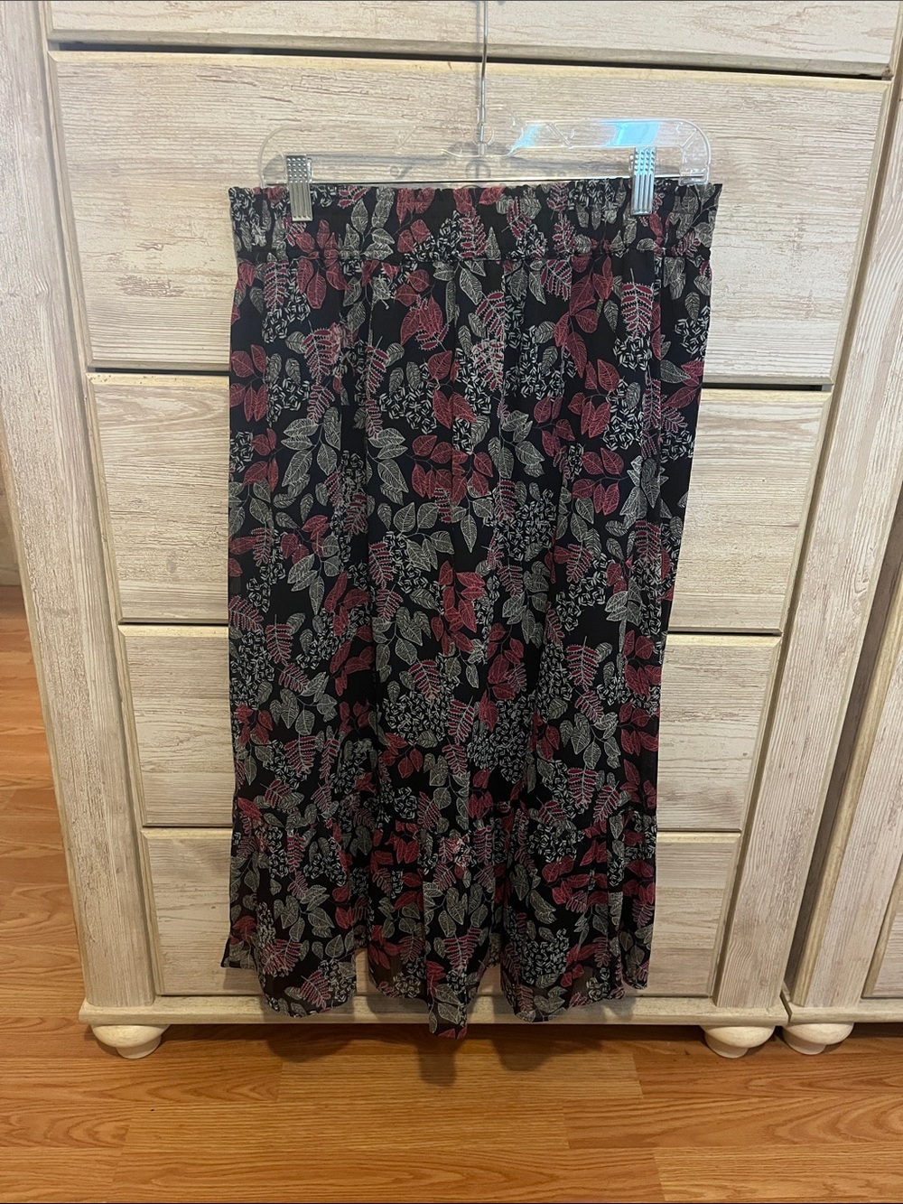 LOFT Black Maxi Skirt with Pink and Gray Botanical Print